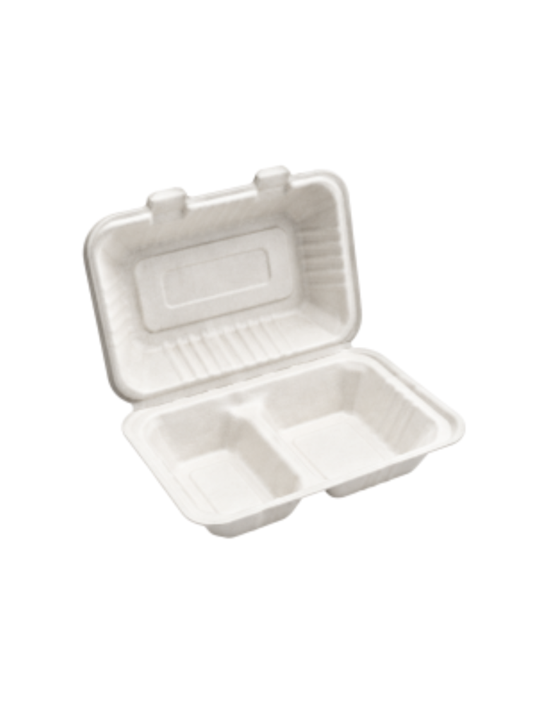 1000ml unbleached bagasse 2 compartment meal box two division eco friendly sugarcane clamshell case of 250