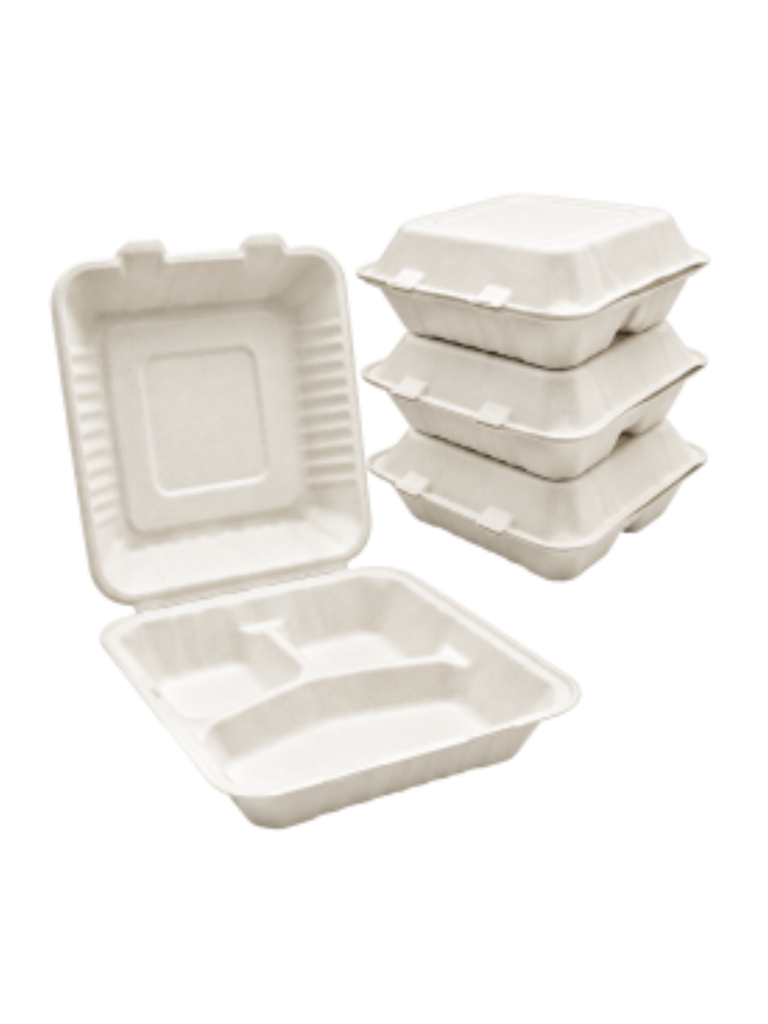 1200ml unbleached bagasse 3 compartment meal box three division stackable eco friendly sugarcane clamshell case of 200